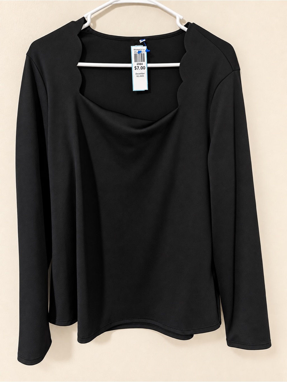 Black Scallop Neck Long-Sleeve Blouse by (unknown)